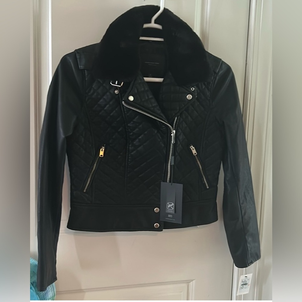 Marc New York Quilted Faux Leather Moto Jacket Faux Fur Collar S NWT - Picture 2 of 11